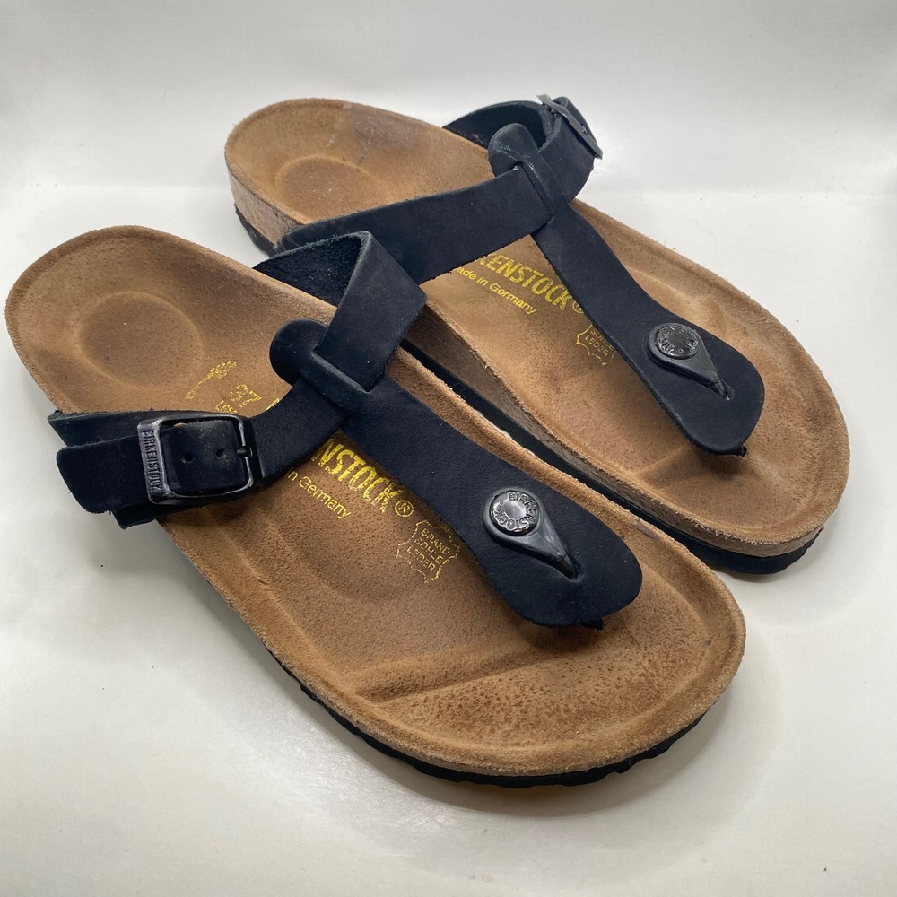 Birkenstock Gizeh Oiled Leather Sandals Women 37 6 Black Cork Thong Comfort Shoe